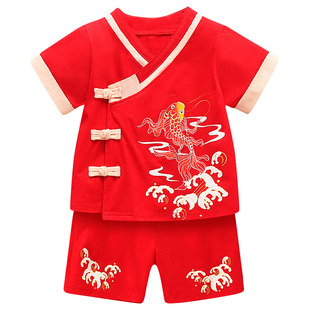 男宝宝婴儿周岁礼服男孩红色衣服套装生日抓周宴中式服装女薄款夏