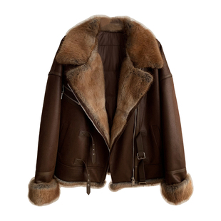 复古经典机车款麂皮绒派克服青根貂鹅绒羽绒服夹克皮衣皮草外套女