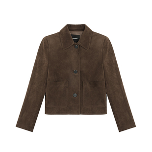 pusumede 【现货7折】巴恩美学 复古麂皮翻领夹克女短款皮衣外套