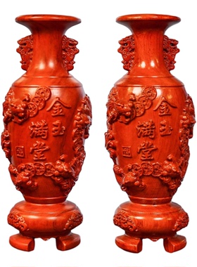 香樟木雕花开富贵瓶摆件家居