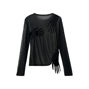 FYFTHX 暗黑辣妹风三只手巴掌黑色打底衫女双层网纱长袖修身上衣