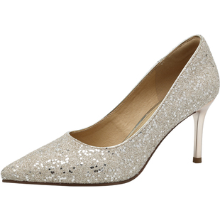 自由姿色水钻尖头高跟鞋春季新款单鞋女细跟水晶婚鞋新娘鞋