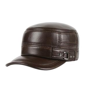 头层牛皮平顶帽鸭春秋冬季时尚男帽护耳加棉男士真皮帽子御寒保暖