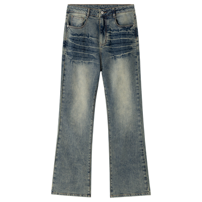 美式复古水洗做旧猫须微喇牛仔裤