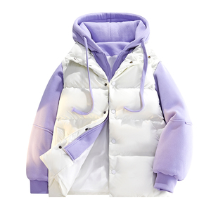 男冬季新款假两件羽绒棉加厚ins棉袄宽松款连帽面包服青少年棉衣