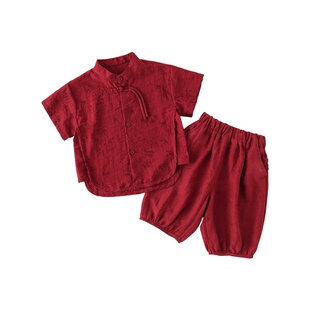 男童汉服夏装套装宝宝生日周岁礼服中小童新中式红色喜庆国风唐装
