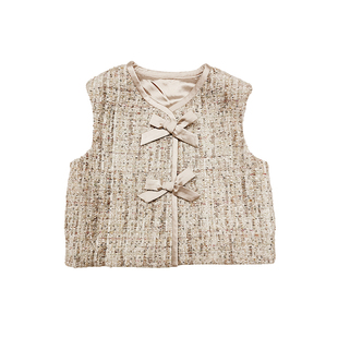 NU童装 春秋法式女童小香风蝴蝶结装饰羊毛无袖背心马甲高腰短裤