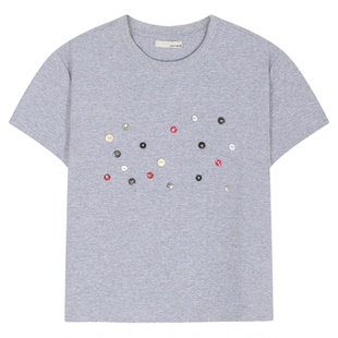 BUCH WEAR T恤女2025年夏季新款不规则纽扣短袖正肩上衣576365