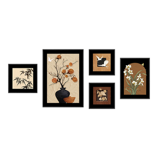 柿柿如意沙发背景墙挂画中古风客厅装饰画餐厅复古组合壁画高级感