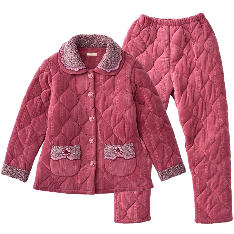【特价清仓】睡衣女秋冬季珊瑚绒加厚加绒夹棉三层保暖家居服套装
