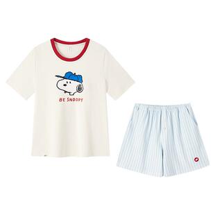 史努比纯棉睡衣女款夏季短袖短裤可爱女士夏家居服套头带胸垫夏天