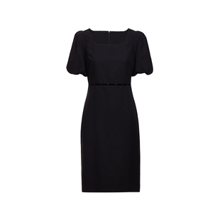 ochirly欧时力 醋涤仿麻显瘦连衣裙夏装镂空法式小黑裙