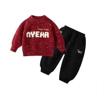 韩版婴幼儿加厚字母毛衣套装宝宝冬季保暖雪花针织衫休闲裤两件套