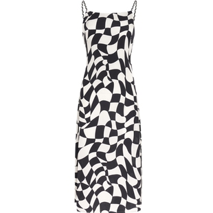 商场同款naivee纳薇夏复古棋盘格气质设计感开衩吊带连衣裙