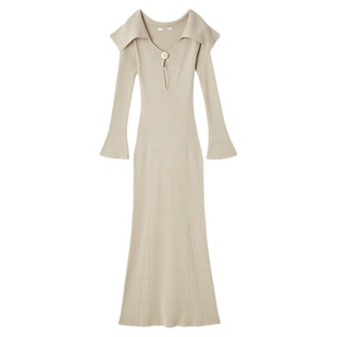 SNIDEL2025秋冬新品优雅翻领修身长袖纯色针织连衣裙SWNO254189