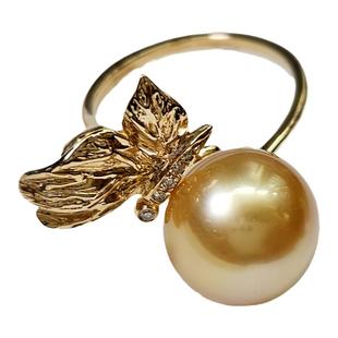 南洋金珠天然海水珍珠戒指18k金钻石开口款蝶恋花正圆强光无调色