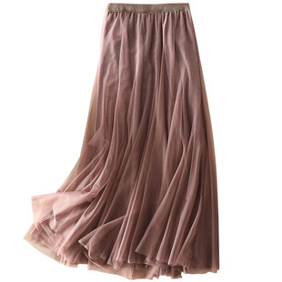 时尚梦幻网纱烫钻丝绒里衬纱纱裙冬季高腰大摆显瘦中长款半身裙子