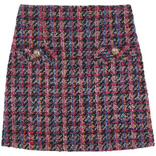 SANDRO Outlets秋冬女装法式复古优雅格纹高腰花呢A字半身短裙