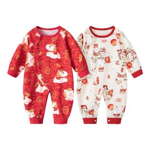 【拜冬年服】婴儿连体衣纯棉红色秋冬季满月新生宝宝过年衣服喜庆