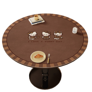 仿牛皮纹HelloKitty圆桌垫防油防水复古风餐桌布防烫隔热茶几台布