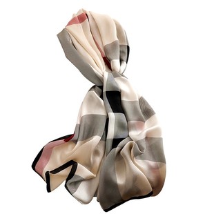 经典百搭真丝丝巾女春秋夏季薄款桑蚕丝围巾长款米色格子披肩两用