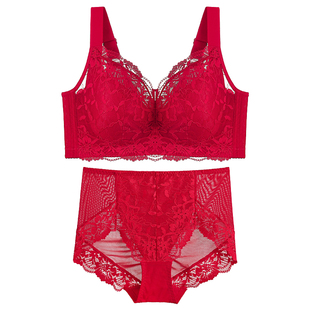 红色内衣内裤本命年女马年大胸显小全罩杯薄款大码文胸套装礼盒装