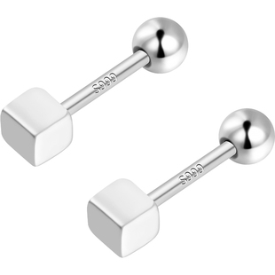 999纯银针螺丝拧扣养耳洞耳钉女气质小众免摘耳环足银方块耳饰品