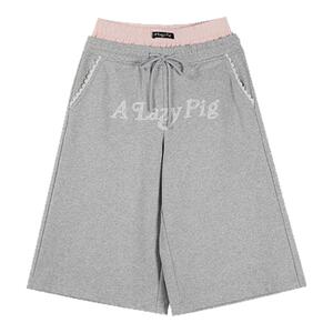ALazyPig双腰头印花七分裤女秋季新品宽松阔腿裤拼接休闲裤中裤