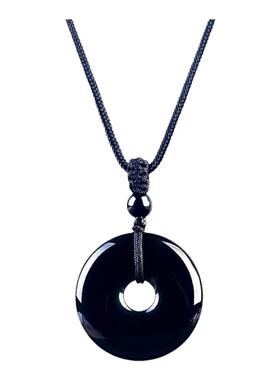 天然黑曜石平安扣吊坠本命年项链