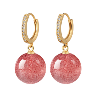 天然草莓晶耳环女999纯银耳扣金耳坠招桃花粉水晶耳饰2026新款爆