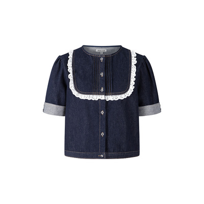 HERLIAN 新品女士牛仔短袖上衣镂空花边拼接娃娃领宽松外套