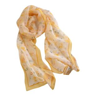 黄色真丝长条丝巾女秋冬披肩桑蚕丝细窄围巾百搭护颈纱巾飘带薄款