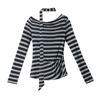 LIMONN天丝羊毛黑白条纹挂脖露肩上衣抽褶显瘦长袖袖内搭2026春