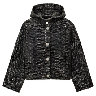 bash春季法式简约烟灰色粗花呢连帽大衣女士短款夹克外套1H25ZOVE