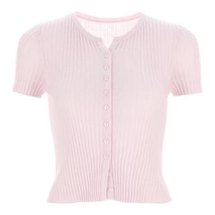 wana try简约坑条纸片人针织短袖开衫夏季新款显瘦五分袖上衣