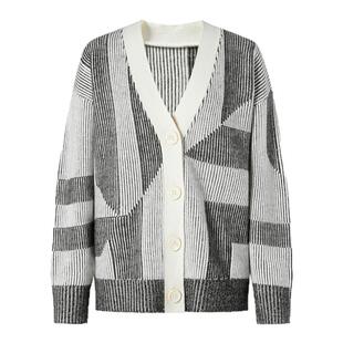 【电商专款】IMM尹默女装羊毛肌理感拼色提花长款毛开衫外套