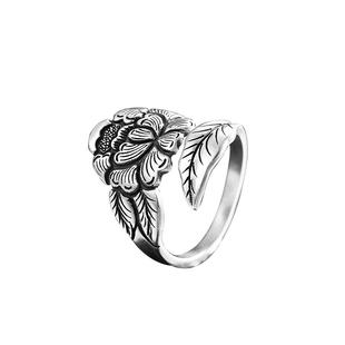 九乐足银990手工錾刻国风做旧牡丹花开口可调节纯银戒指送女友礼