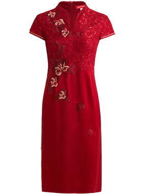 皮尔卡丹女夏季新款红色绣花旗袍一步裙气质连衣裙P82DS07R0