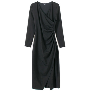 黑色长裙连衣裙女秋冬2025新款长袖V领收腰显瘦气质包臀开叉裙子