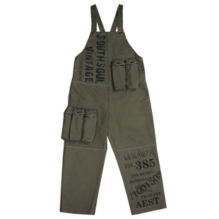 美式复古二战军体印花背带裤重磅长绒棉高密多袋工装裤southsoul