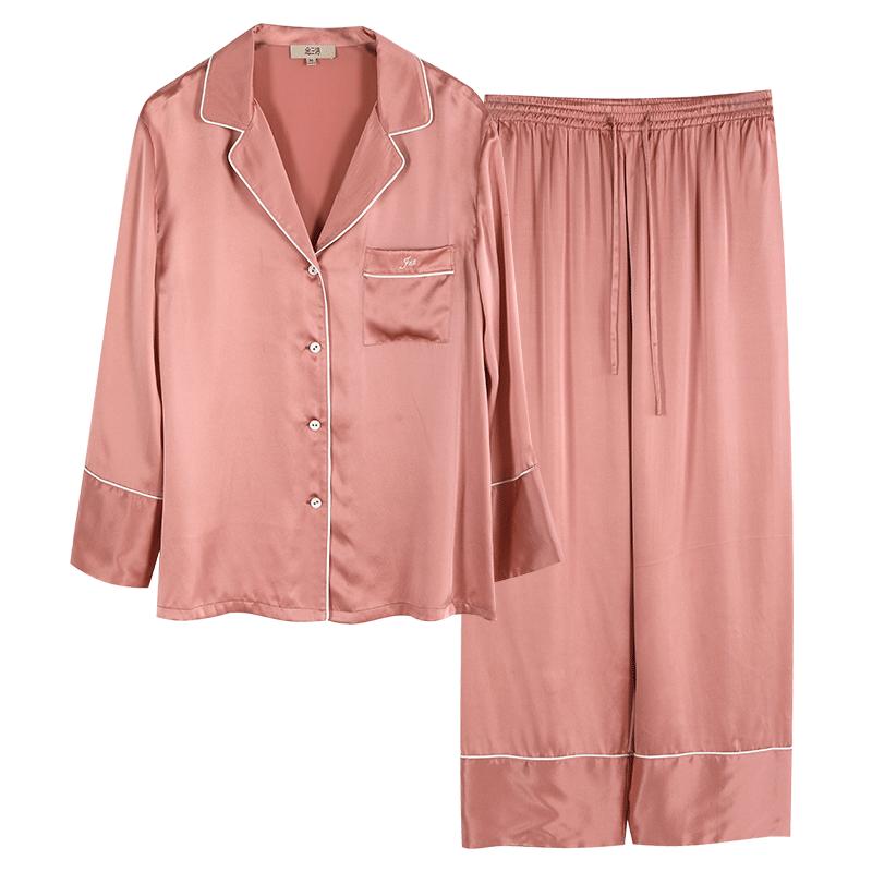 金三塔真絲睡衣女100%桑蠶絲簡(jiǎn)約情侶絲綢家居服男寬松套裝送禮物
