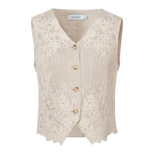 【度假系列】VGRASS秋冬新款股线刺绣蕾丝马夹亚麻无袖马甲女