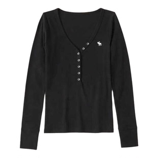 Hollister秋冬小海鸥亨利长袖女修身显瘦纽扣纯棉V领打底衫小鹿潮