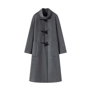 【N28专场】山羊绒中长款皮质牛角扣毛呢大衣