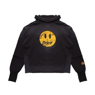 drew house mascot褪黑色笑脸连帽拼接卫衣抓绒宽松帽衫男女同款