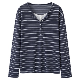 画风drawwind2026春季新款长袖T恤女宽松韩式条纹假两件打底上衣