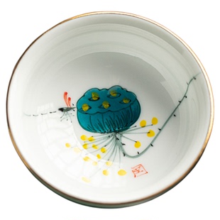 色釉手绘描金普洱杯功夫茶具釉下彩荷花品茗杯陶瓷家用茶室小茶杯