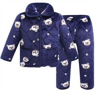 宝宝法兰绒睡衣秋冬季三层夹棉加厚男童中大童儿童家居服加绒套装