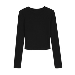 NEVA HU 里约艺术 小圆领针织打底衫女短款修身气质长袖t恤上衣