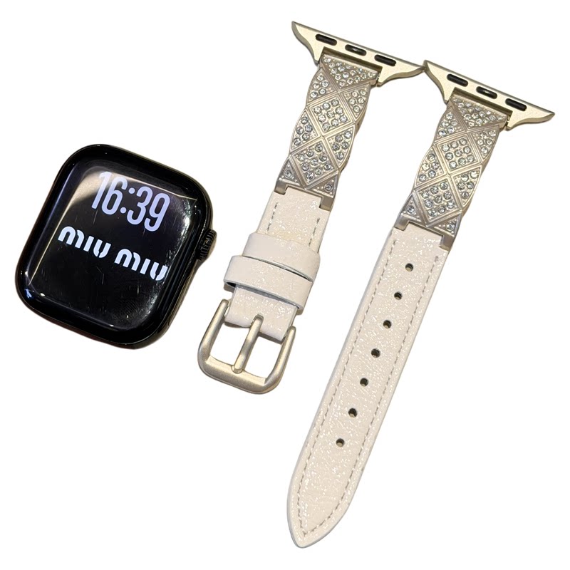 适用iWatch菱纹满钻手镯拼皮表带